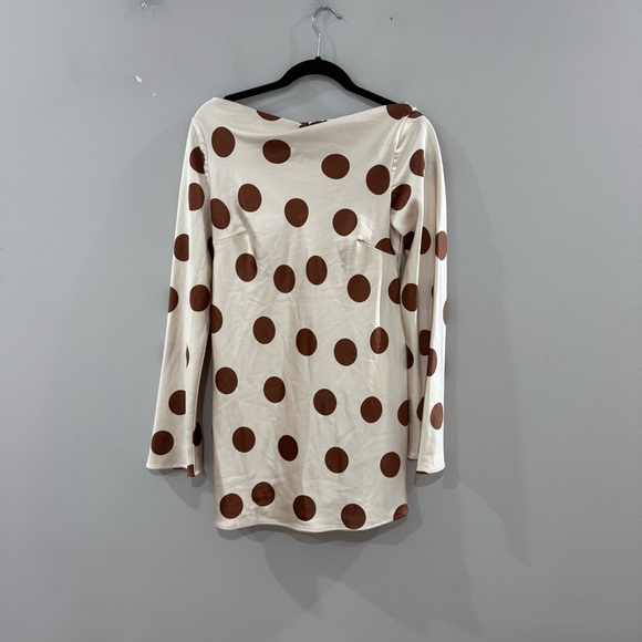 Free People Dress Tigre Printed Mini Satin in Tea Combo Polka Dot Brown Cream - Picture 5 of 11